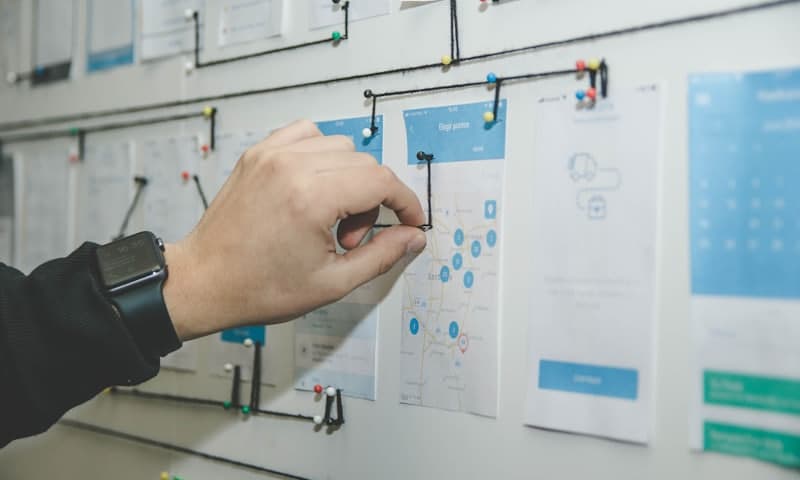 Creative strategy wall with connected wireframe sketches and planning notes — multilingual creative agency case study