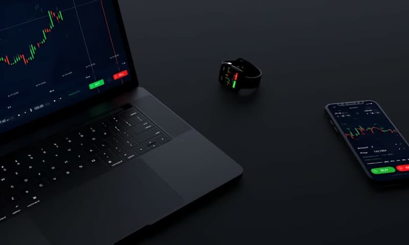 Abstract dark dashboard showing financial market charts on a laptop and phone — fintech education case study